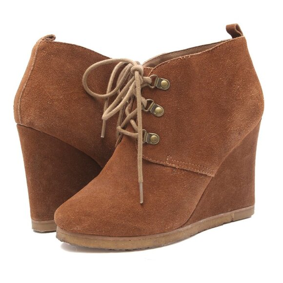 Steve Madden Tanngoo Suede Wedge Bootie Lace Up Boot Round Toe Shoes Brown Tan - Picture 1 of 11